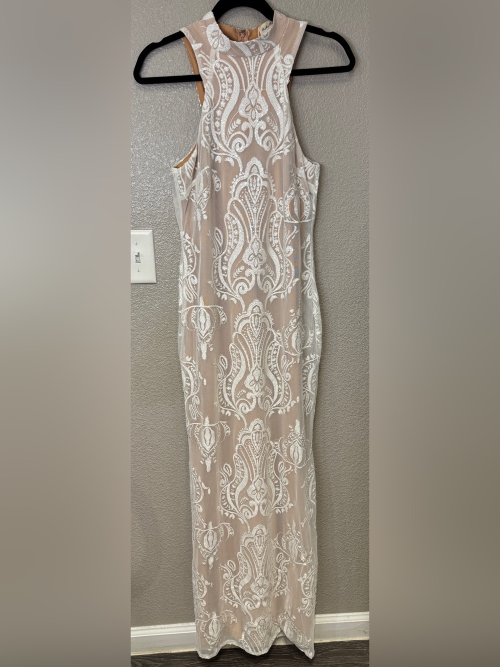 Southern Fried Chics White Sequin Lace Nude Maxi Dress Size M NWT